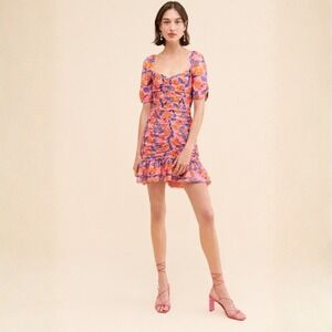 SAYLOR Joelene Mini Dress Pink Floral Ruched Puff Sleeve Sweetheart Neck Size M